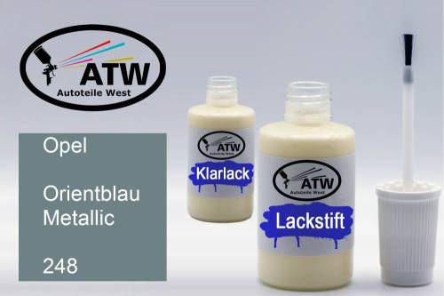 Opel, Orientblau Metallic, 248: 20ml Lackstift + 20ml Klarlack - Set, von ATW Autoteile West.